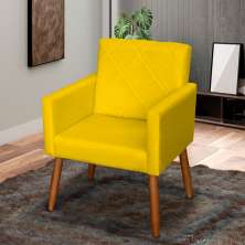Poltrona Decorativa Para Sala, Quarto, Manicure Beatriz Suede Amarelo Pé Castanho - Clique E Decore