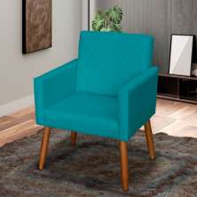 Poltrona Decorativa Para Sala, Quarto, Manicure Beatriz Suede Azul Turquesa Pé Castanho - Clique E Decore