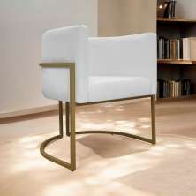 Poltrona Decorativa Recepção Luna Tecido Sintético Branco Base de Ferro Dourada