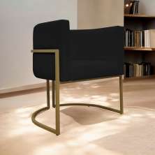 Poltrona Decorativa Recepção Luna Tecido Sintético Preto Base de Ferro Dourada