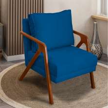 Poltrona Decorativa Reforçada Para Sala Shine Suede Azul Marinho Pé Castanho - Clique E Decore
