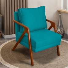 Poltrona Decorativa Reforçada Para Sala Shine Suede Azul Turquesa Pé Castanho - Clique E Decore