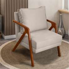 Poltrona Decorativa Reforçada Para Sala Shine Suede Bege Pé Castanho - Clique E Decore