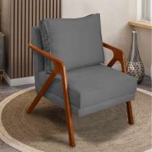 Poltrona Decorativa Reforçada Para Sala Shine Suede Cinza Pé Castanho - Clique E Decore