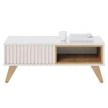 Mesa de Centro Kerry 1 Nicho 4 Pés em Madeira Maciça Off White/Freijó