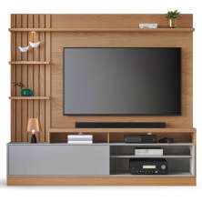 Painel Home Theater Invernia 4 Prateleiras Spot LED s/ Pés 65" Polegadas Freijó / Cinza Fosco