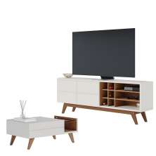 Sala de Estar Noronha Rack Bancada e Mesa de Centro Off White Matte/Freijó - Colibri