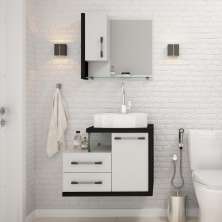 Conjunto de Gabinete de Banheiro com Cuba Aria 41 e Espelheira Wood 2 PT 2 GV Branco e Preto