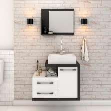 Conjunto de Gabinete de Banheiro com Cuba Q39 e Espelheira Wood 1 PT 2 GV Branco e Preto