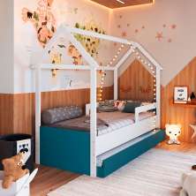 Cama Infantil Montessoriana com Cama Auxiliar Miney Branco e Azul