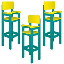 Kit 3 Cadeiras Alta Refeição Infantil Criança Restaurante Lanchonete MDF Azul Turquesa/Amarelo L12