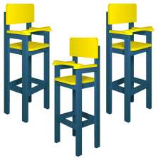 Kit 3 Cadeiras Alta Refeição Infantil Criança Restaurante Lanchonete MDF Azul/Amarelo L12