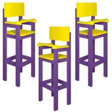 Kit 3 Cadeiras Alta Refeição Infantil Criança Restaurante Lanchonete MDF Lilás/Amarelo L12