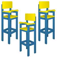 Kit 3 Cadeirass Alta Refeição Infantil Criança Restaurante Lanchonete MDF Azul Claro/Amarelo L12