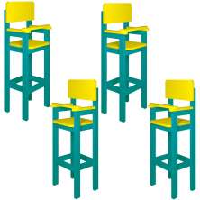 Kit 4 Cadeiras Alta Refeição Infantil Criança Restaurante Lanchonete MDF Azul Turquesa/Amarelo L12