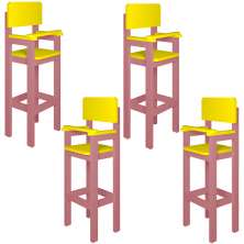 Kit 4 Cadeiras Alta Refeição Infantil Criança Restaurante Lanchonete MDF Rosa/Amarelo L12