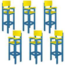 Kit 6 Cadeiras Alta Refeição Infantil Criança Restaurante Lanchonete MDF Azul Claro/Amarelo L12