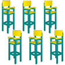 Kit 6 Cadeiras Alta Refeição Infantil Criança Restaurante Lanchonete MDF Azul Turquesa/Amarelo L12