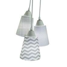 Lustre Pendente 3 Cúpulas Revestidas com Tecidos Cinza e Branco
