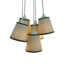 Lustre Pendente 5 Cúpulas Linho Bege e Bordas em Marrom
