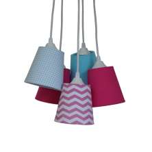 Lustre Pendente 5 Cúpulas Mix Tecidos Rosa e Azul