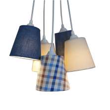 Lustre Pendente 5 Cúpulas em Tecido Azul Jeans, Bege e Xadrez