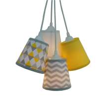 Lustre Pendente Cacho Zig Zag 4 Cúpulas Amarelo, Cinza e Branco