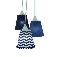 Lustre Pendente Luminária Azul Marinho e Branco com Pompom