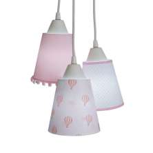 Lustre Pendente Luminária Cacho Tecido Nuvens e Pompons Rosa e Branco