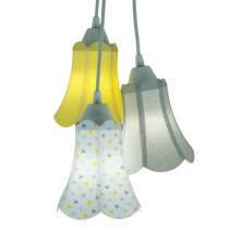 Lustre Pendente Luminária Paris com Tecidos Estampas Amarelas, Cinzas e Brancas