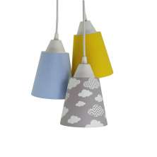 Lustre Pendente Quarto Infantil Nuvens Tons de Cinza, Azul e Amarelo