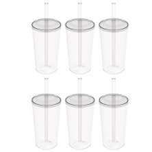 Kit 6 Copos com Tampa e Canudo 500ml Crippa Transparente Plástico Água Suco Bebidas 