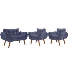 Conjunto Poltronas Decorativas Opalla 1 Namoradeira e 2 Poltronas de 1 Lugar Pés em Madeira D Salla Azul Bic