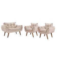Conjunto Poltronas Decorativas Opalla 1 Namoradeira e 2 Poltronas de 1 Lugar Pés em Madeira D Salla Bege