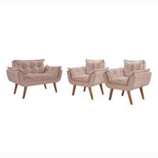 Conjunto Poltronas Decorativas Opalla 1 Namoradeira e 2 Poltronas de 1 Lugar Pés em Madeira D Salla Cappuccino