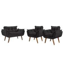 Conjunto Poltronas Decorativas Opalla 1 Namoradeira e 2 Poltronas de 1 Lugar Pés em Madeira D Salla Preto