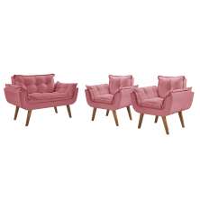 Conjunto Poltronas Decorativas Opalla 1 Namoradeira e 2 Poltronas de 1 Lugar Pés em Madeira D Salla Rosa