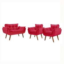 Conjunto Poltronas Decorativas Opalla 1 Namoradeira e 2 Poltronas de 1 Lugar Pés em Madeira D Salla Vermelho