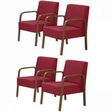 Kit 4 Poltronas Decorativas 1 Lugar Jade Braço Madeira DSalla Suede Vermelho
