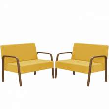 Kit Poltrona Decorativa 2 Namoradeiras Jade Braço Madeira D Salla Suede Amarelo