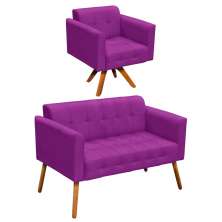 Conjunto Namoradeira 2 Lugares e 01 Poltrona Giratória Elisa Suede Roxo Base Madeira - D'Rossi
