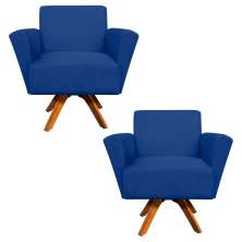 Kit 02 Poltronas Giratória Dora Suede Azul Royal Base Madeira - D'Rossi
