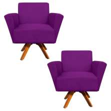 Kit 02 Poltronas Giratória Dora Suede Roxo Base Madeira - D'Rossi