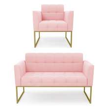 Kit 1 Sofá Namoradeira e 1 Poltrona Elisa Suede Rosa Bebê Base Metálica Industrial Dourada - D'Rossi
