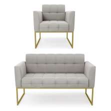 Kit 1 Sofá Namoradeira e 1 Poltrona Elisa Veludo Cinza Base Metálica Industrial Dourado - D'Rossi