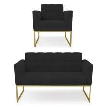 Kit 1 Sofá Namoradeira e 1 Poltrona Elisa Veludo Preto Base Metálica Industrial Dourado - D'Rossi
