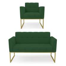 Kit 1 Sofá Namoradeira e 1 Poltrona Elisa Veludo Verde Base Metálica Industrial Dourado - D'Rossi