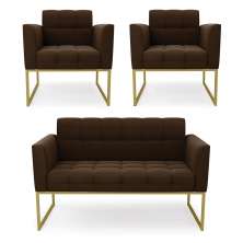 Kit 1 Sofá Namoradeira e 2 Poltronas Elisa Suede Marrom Base Metálica Industrial Dourado - D'Rossi