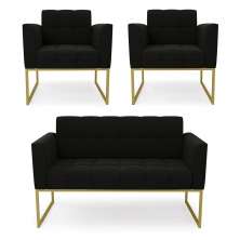 Kit 1 Sofá Namoradeira e 2 Poltronas Elisa Suede Preto Base Metálica Industrial Dourado - D'Rossi