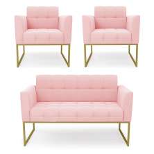 Kit 1 Sofá Namoradeira e 2 Poltronas Elisa Suede Rosa Bebê Base Metálica Industrial Dourado - D'Rossi